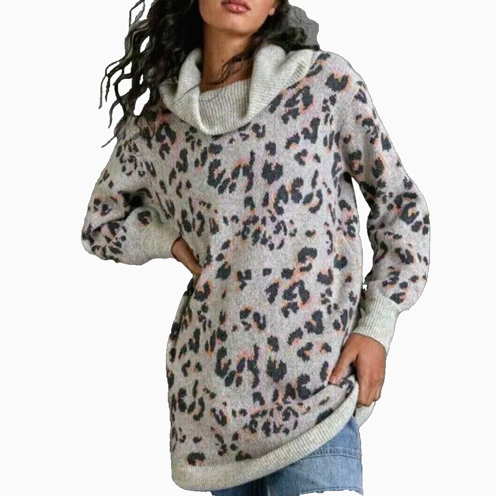 ANTHROPOLOGIE Emma‎ Mock Neck Animal Long Sleeve Pullover Sweater Sz XS Gray